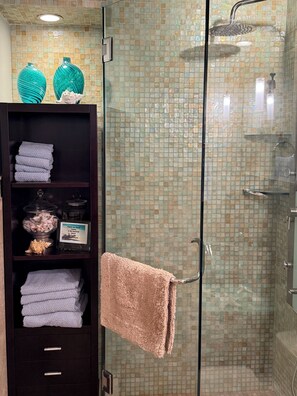 Shower, hair dryer, towels, toilet paper