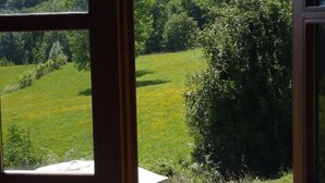 Habitación con vista a una piscina y un paisaje verde exuberante.