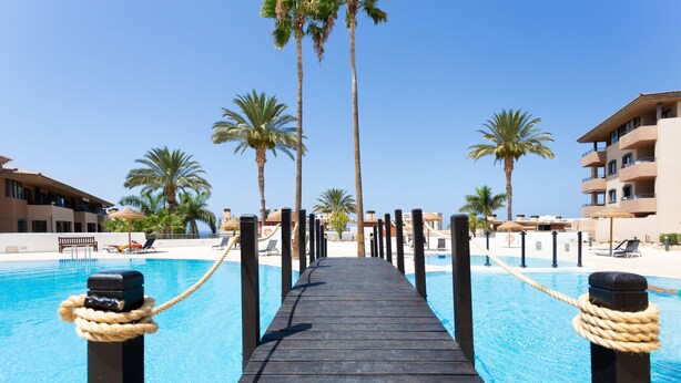 Een houten terras dat leidt naar een zwembad, met palmbomen en een helderblauwe lucht.