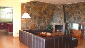 A living room with a stone wall, a fireplace, a sofa, a coffee table, and a television. - Great House with Garden between Sea and Mountain (Riudecanyes)