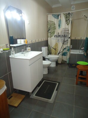 Bañera con ducha, secador de pelo, bidet, toallas