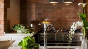 A kitchen with a brick wall, stainless steel appliances, a sink, and a vase with flowers.