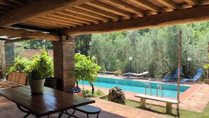 A covered patio with a pool, wooden table, and lounge chairs.