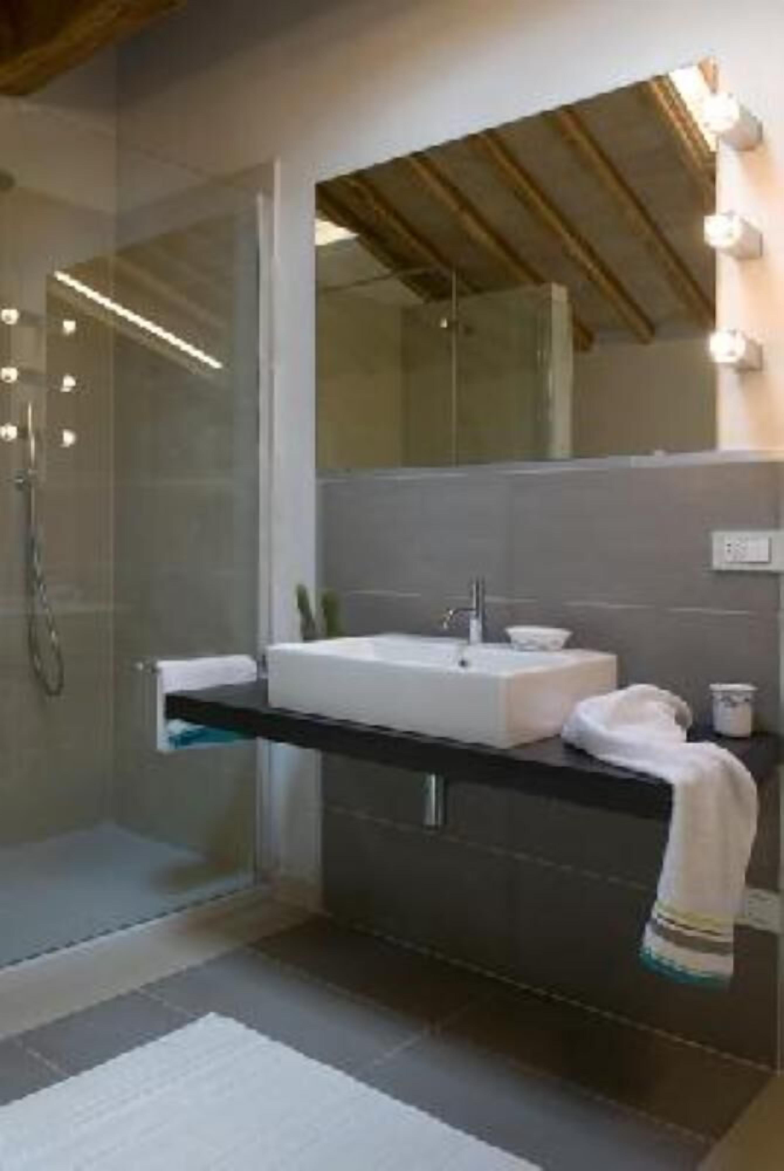 Shower, hair dryer, soap, toilet paper