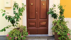A brown double door with a small window above it, flanked by two potted plants with pink flowers.