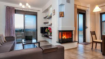 Una Smart TV, una chimenea, un reproductor de DVD, libros