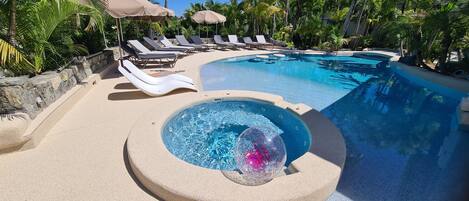Outdoor pool, pool umbrellas, pool loungers
