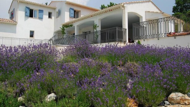 Un bâtiment à deux étages, doté d’une façade blanche, d’un porche couvert avec une balustrade en métal et d’un jardin où poussent des fleurs violettes.