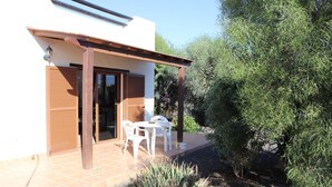 Ein modernes Haus mit Terrasse, einer Holz-Pergola und einem Garten mit verschiedenen Pflanzen.