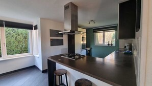 A modern kitchen with a central island, a stove, and a range hood. There are two windows providing natural light and a view of greenery outside. - Vacation apartment for 11 persons (incl. consumption costs and tourist tax!) (Zeewolde)