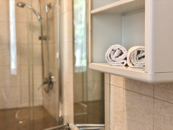 Shower, hair dryer, bidet, towels