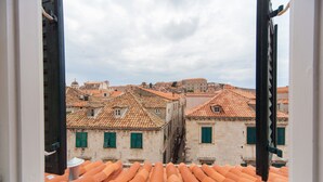 Vista de tejados de tejas de terracota y edificios de piedra con contraventanas verdes.