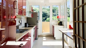 A modern kitchen with a central island, stainless steel appliances, and large windows offering a view of greenery. - Flaminio Penthouse with Spectacular Terrace (Roma)
