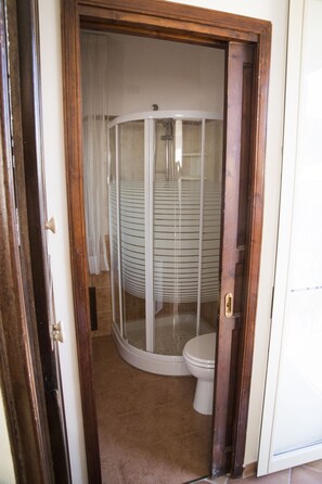 Une salle de bain avec une douche, des toilettes et une porte en verre.