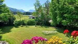 Un jardin avec une maison, de l’herbe verte et des arbres.