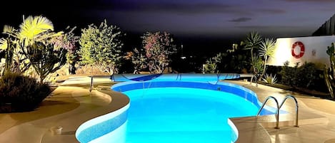 A swimming pool with a curved design, surrounded by various plants and a lifebuoy on a wall.