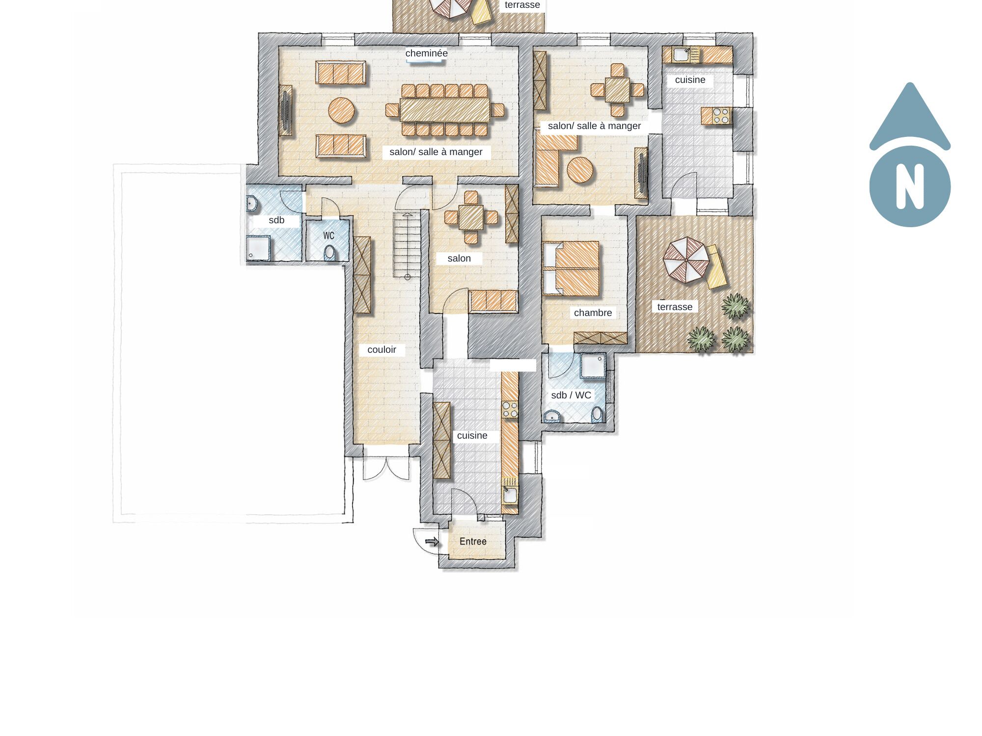 A floor plan of a hotel with a dining area, kitchen, two bedrooms, a bathroom, and a terrace.