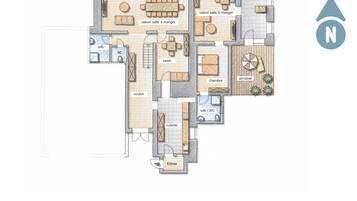 Een plattegrond van een hotel met een eetgedeelte, keuken, twee slaapkamers, een badkamer en een terras.