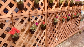 A wooden lattice wall with multiple hanging flower pots. - Yado Brodiaea (Myoko)