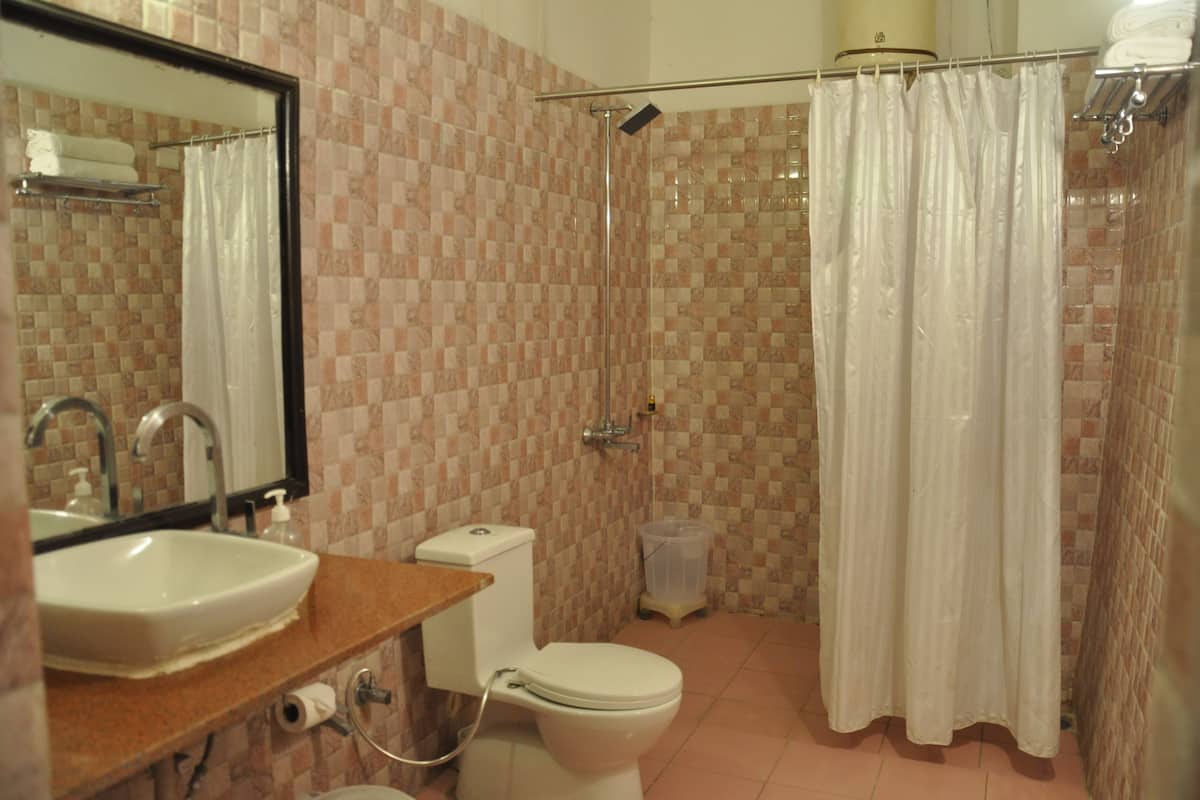 A bathroom with a sink, toilet, shower, and a mirror.