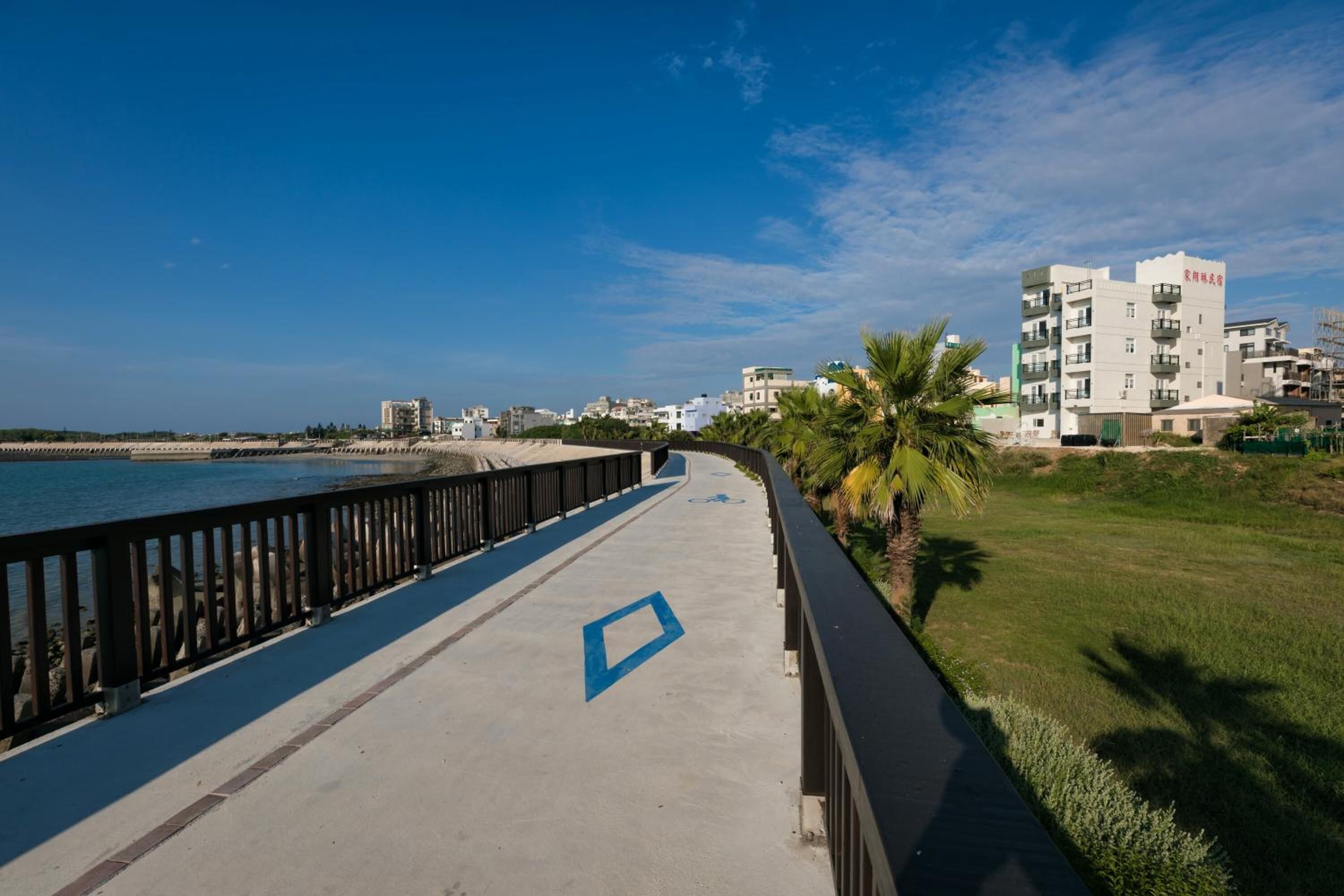 A coastal walkway with a blue directional arrow, palm trees, and buildings in the background.