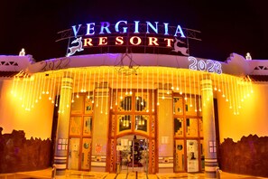 The exterior of Virginia Resort with illuminated signage and festive lights. - Verginia Sharm Resort & Aqua Park (Sharm El Sheikh)
