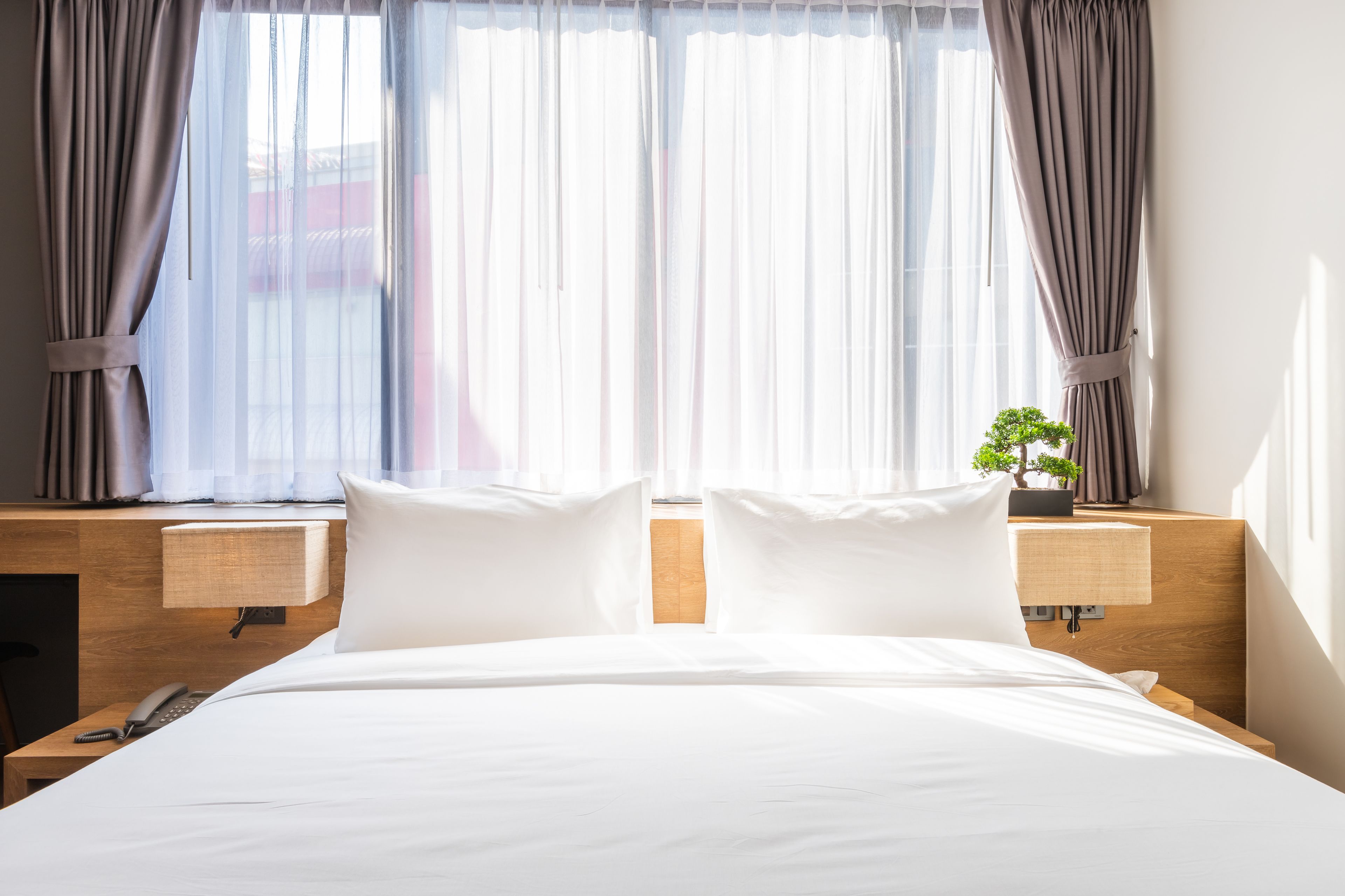 A hotel room with a large bed, two bedside tables, a nightstand, a lamp, and a view of the outside through sheer curtains.