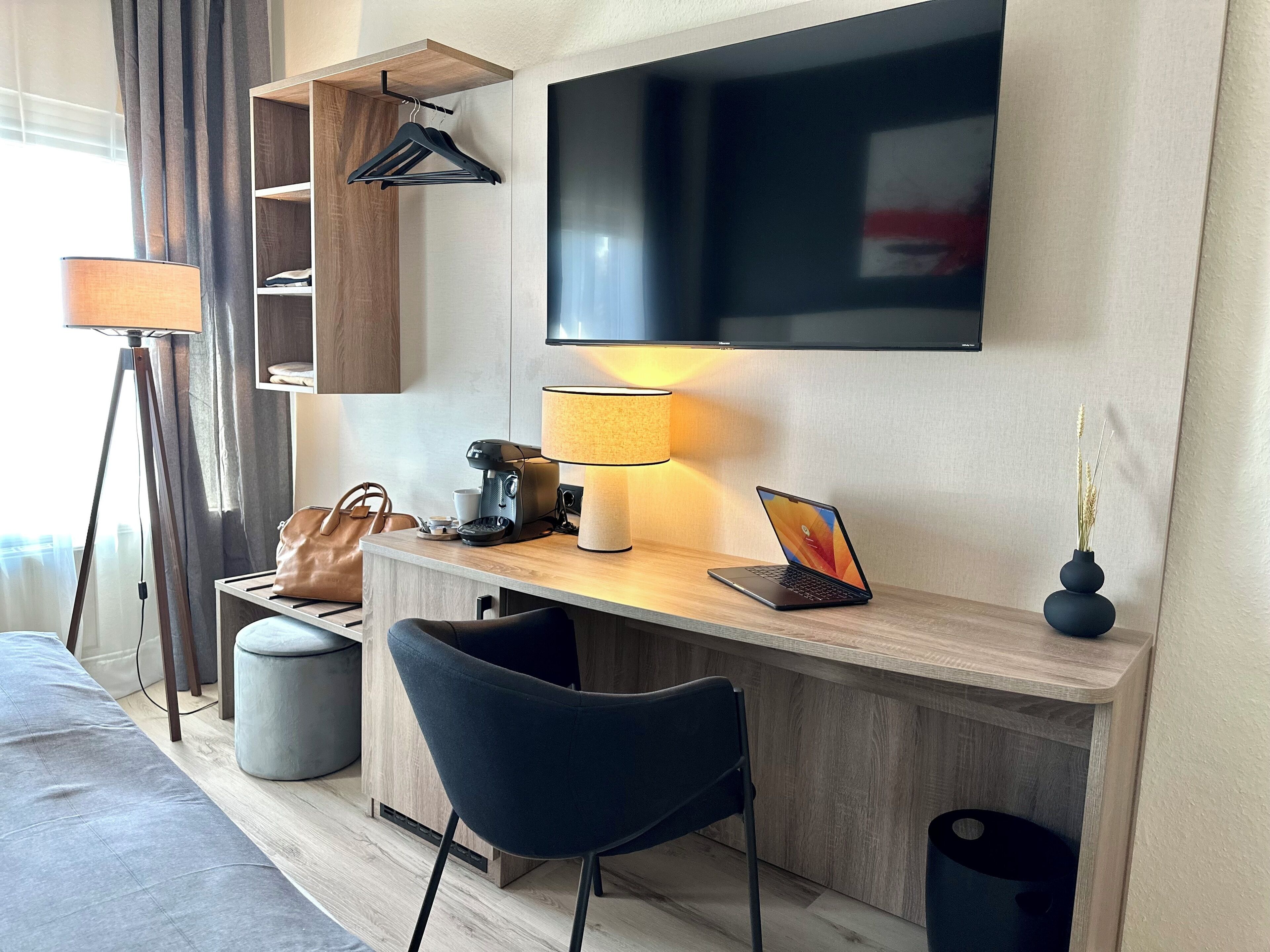 down duvets, desk, laptop workspace, iron/ironing board