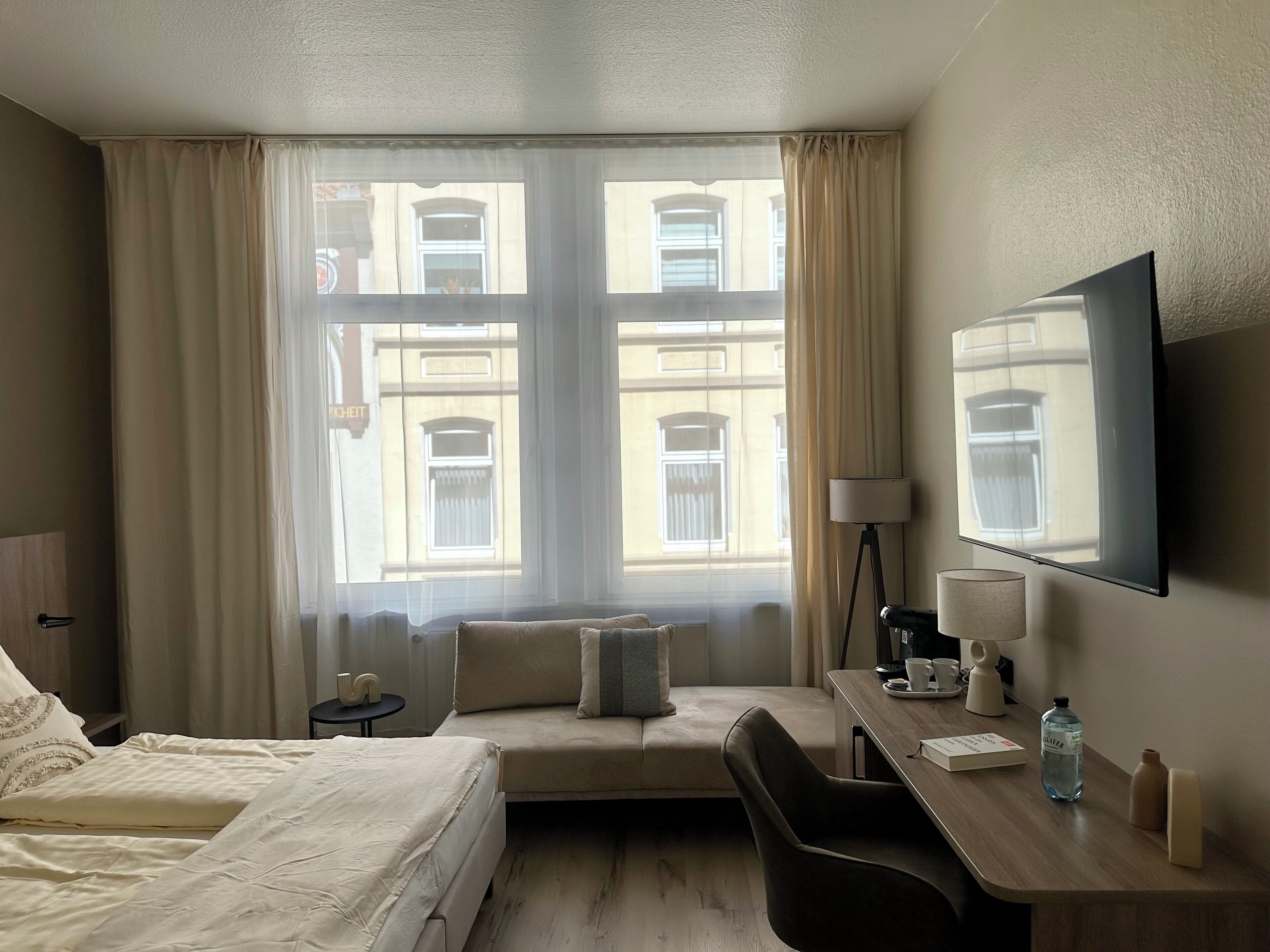 down duvets, desk, laptop workspace, iron/ironing board