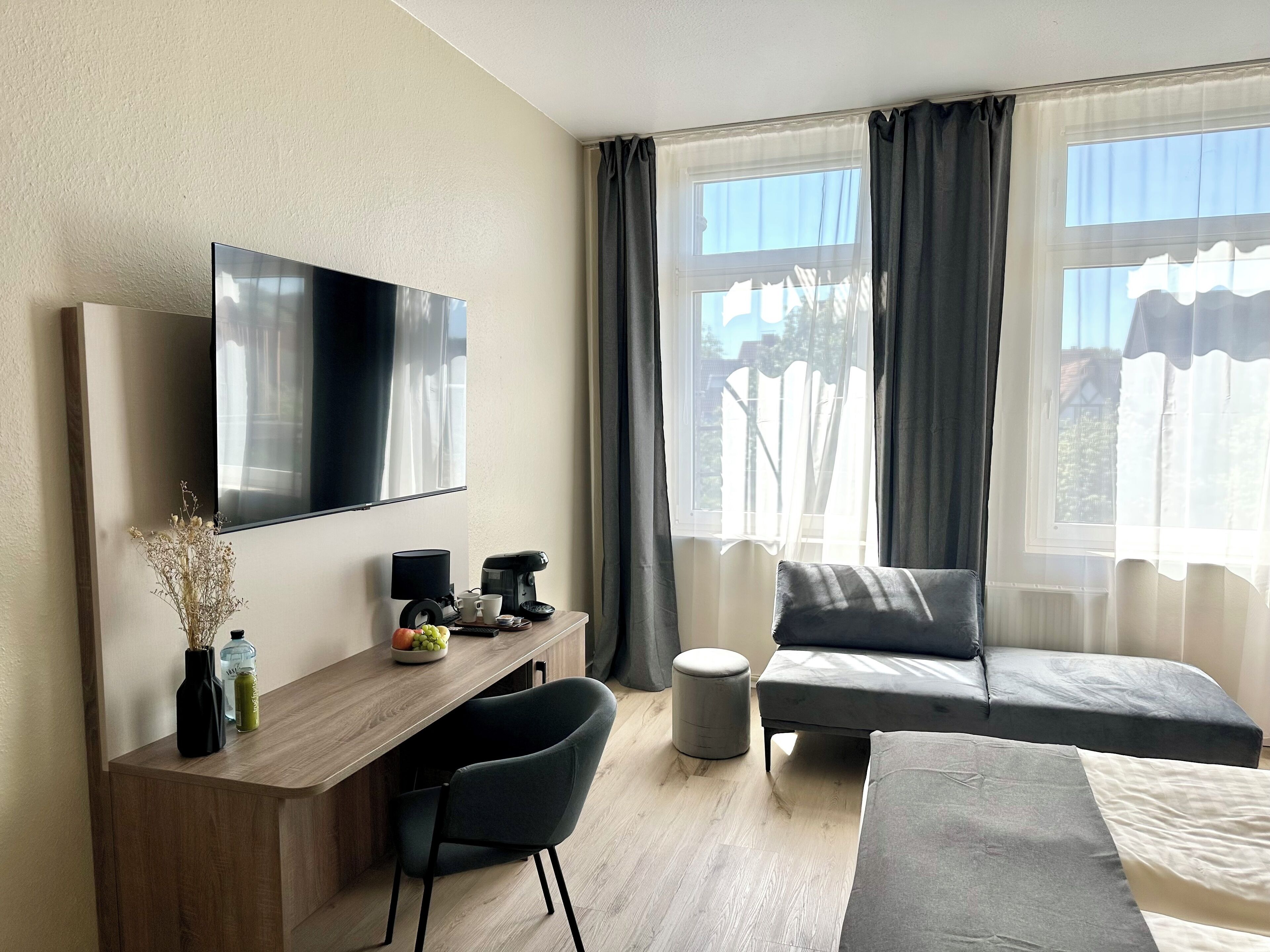 down duvets, desk, laptop workspace, iron/ironing board