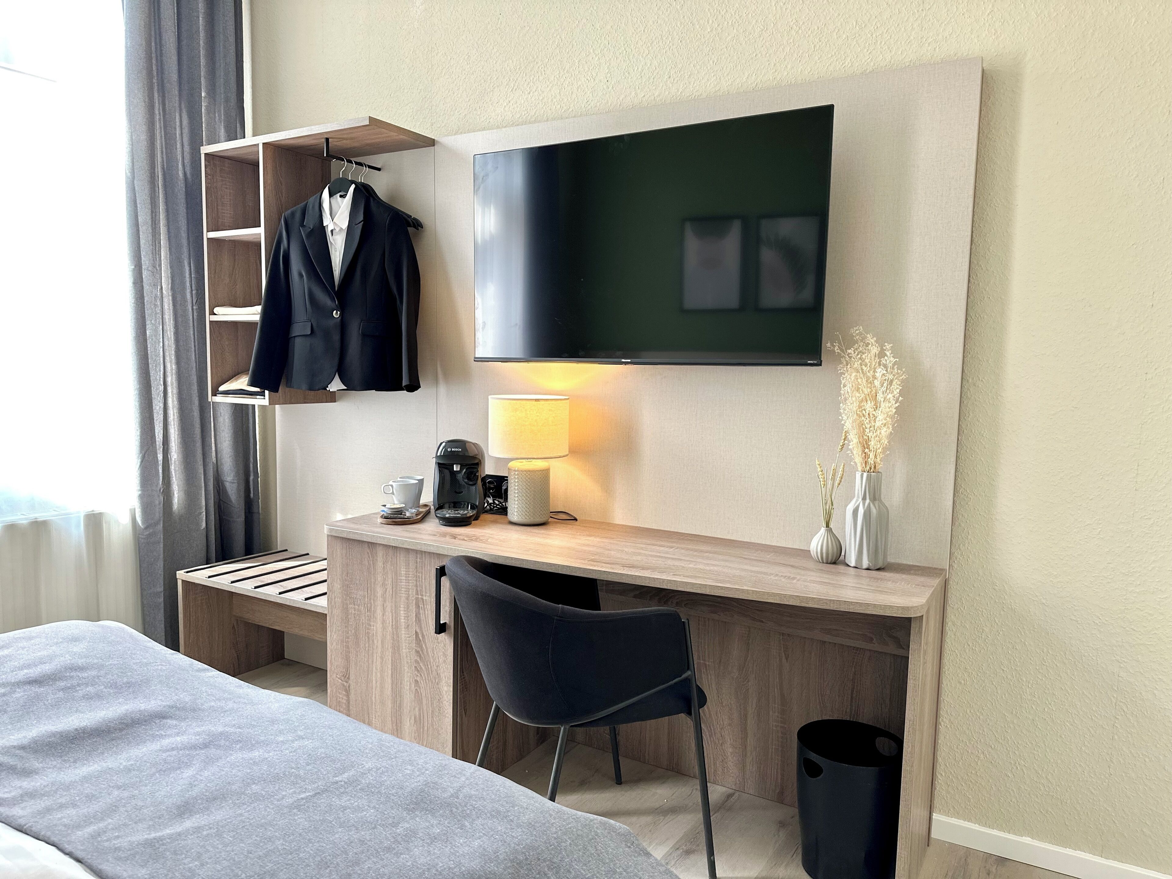 down duvets, desk, laptop workspace, iron/ironing board