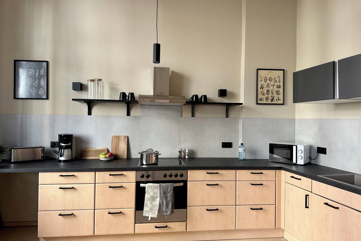 mini-fridge, microwave, oven, stovetop
