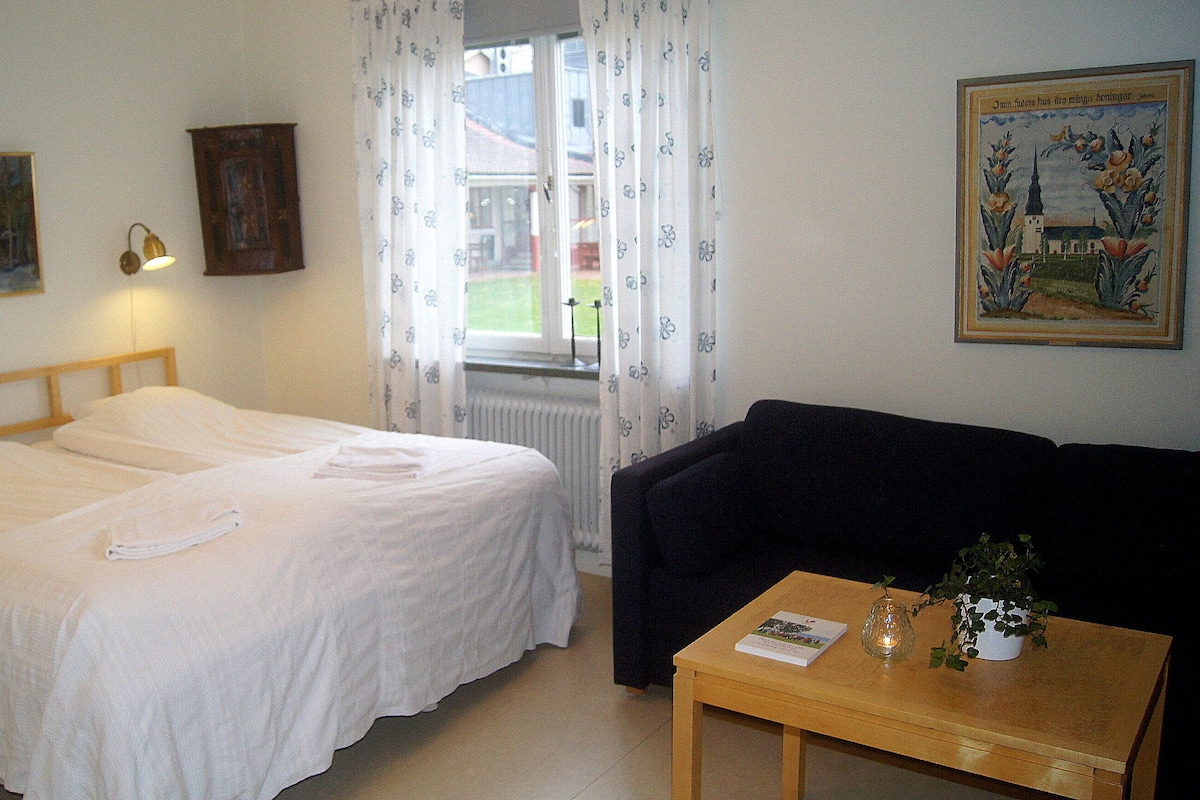 A room with a bed, a sofa, a small table with a plant, and a window with curtains.