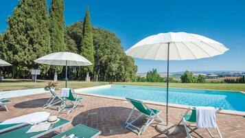 Seasonal outdoor pool, pool umbrellas, sun loungers