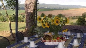 Una mesa de comedor al aire libre con mantel floral, rodeada de sillas, una cesta de frutas y un jarrón con girasoles.