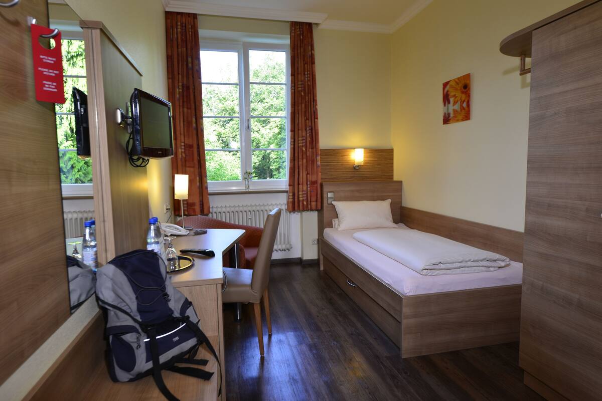 Habitación individual económica, 1 cama individual, no fumadores, vistas al jardín | Ropa de cama hipoalergénica, caja fuerte, mobiliario individual