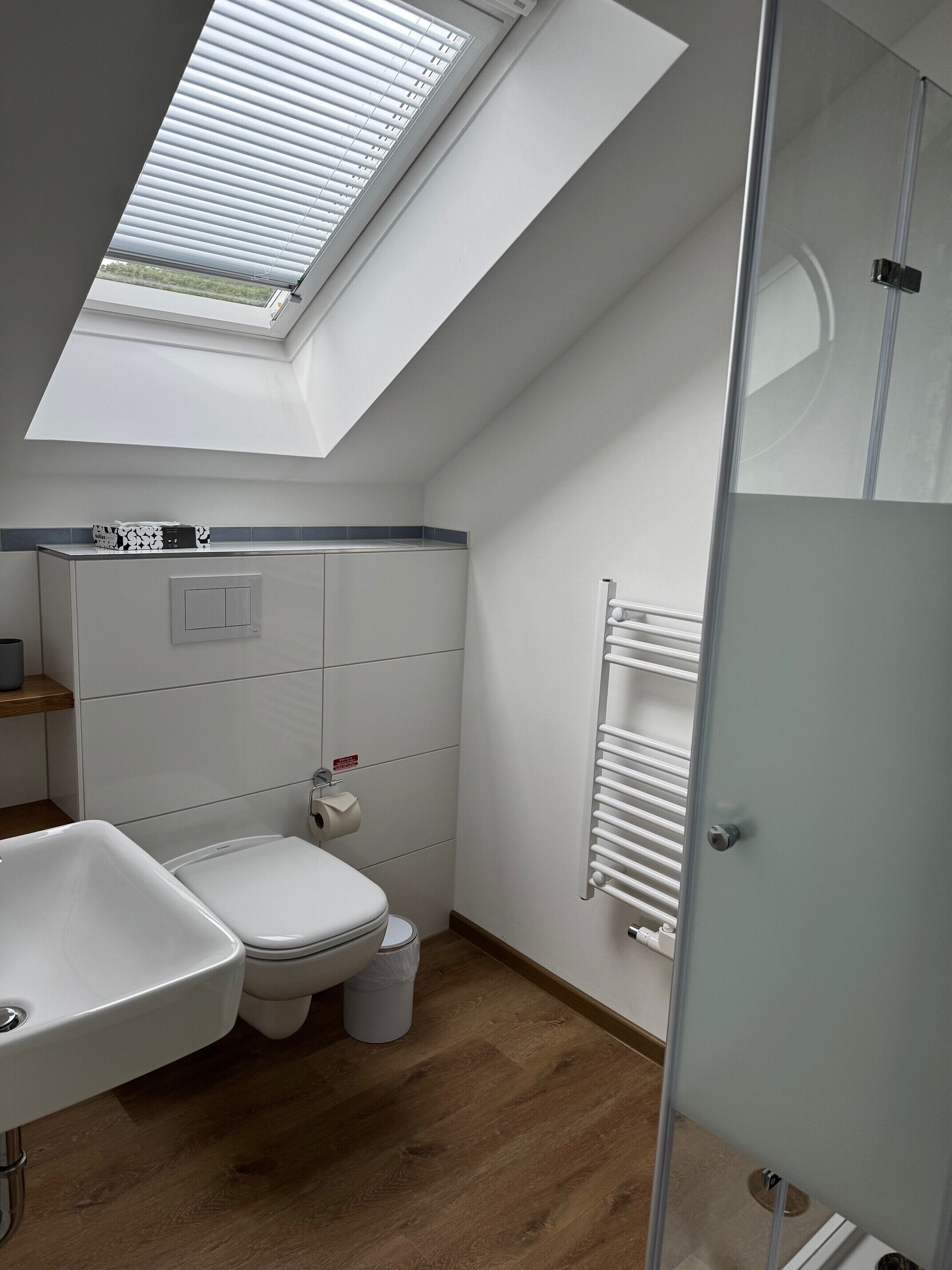 Un baño moderno con tragaluz, inodoro, lavamanos y cabina de ducha de vidrio.