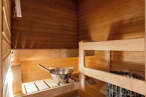 Ein Saunaraum mit Holzwänden und einem Metallbecken auf einer Holzbank.