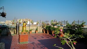 A rooftop terrace with potted plants and a brick wall.