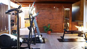Ein Fitnessraum mit Trainingsgeräten, einer Holzwand und einem Blumentopf.