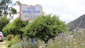 A sign for Hotel Silver Falls with amenities icons, surrounded by lush greenery and wildflowers. - Hotel Silverfalls (Nuwara Eliya)