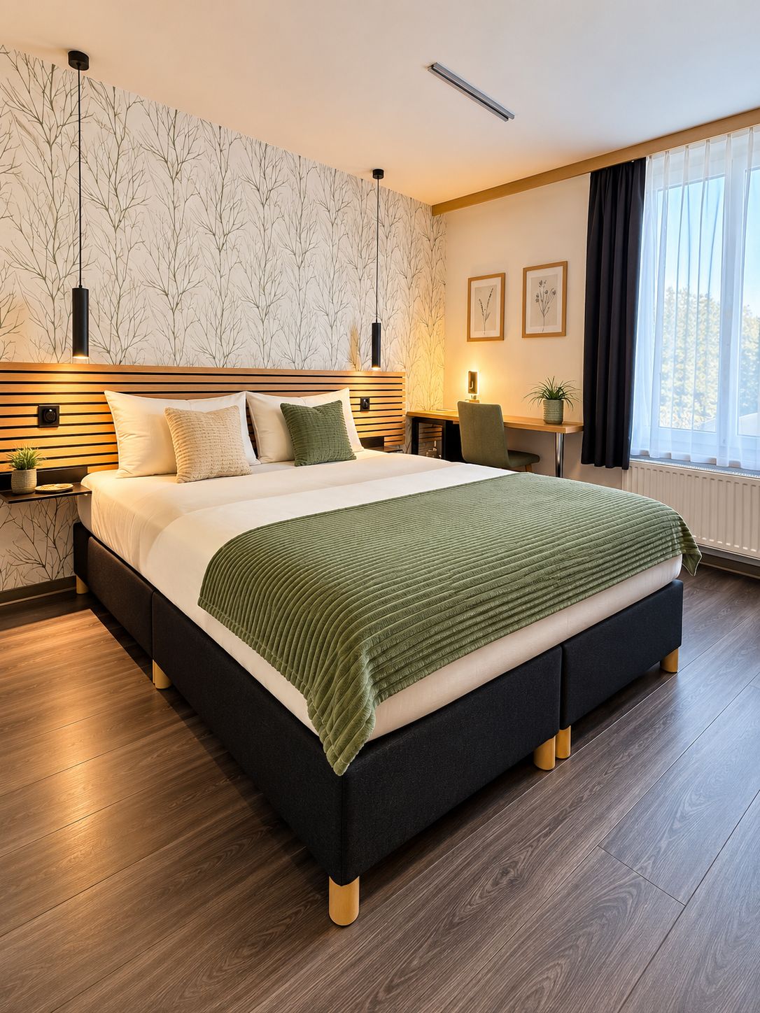 Une chambre moderne avec un grand lit, un bureau et une fenêtre avec des rideaux.
