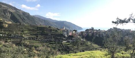 Terraced agricultural fields, a coastal village with colorful buildings, and a church on a hillside.