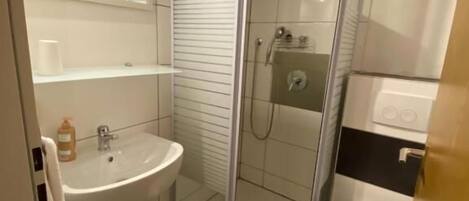 Un baño moderno con ducha de vidrio, lavamanos e inodoro.