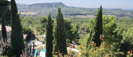 A view of a mountainous landscape with a pool area surrounded by tall cypress trees.