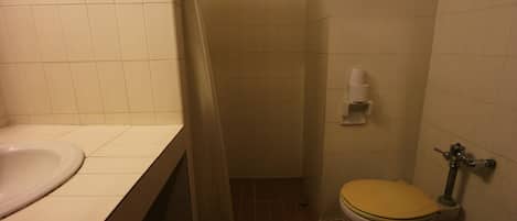 A bathroom with a sink, toilet, and shower curtain.