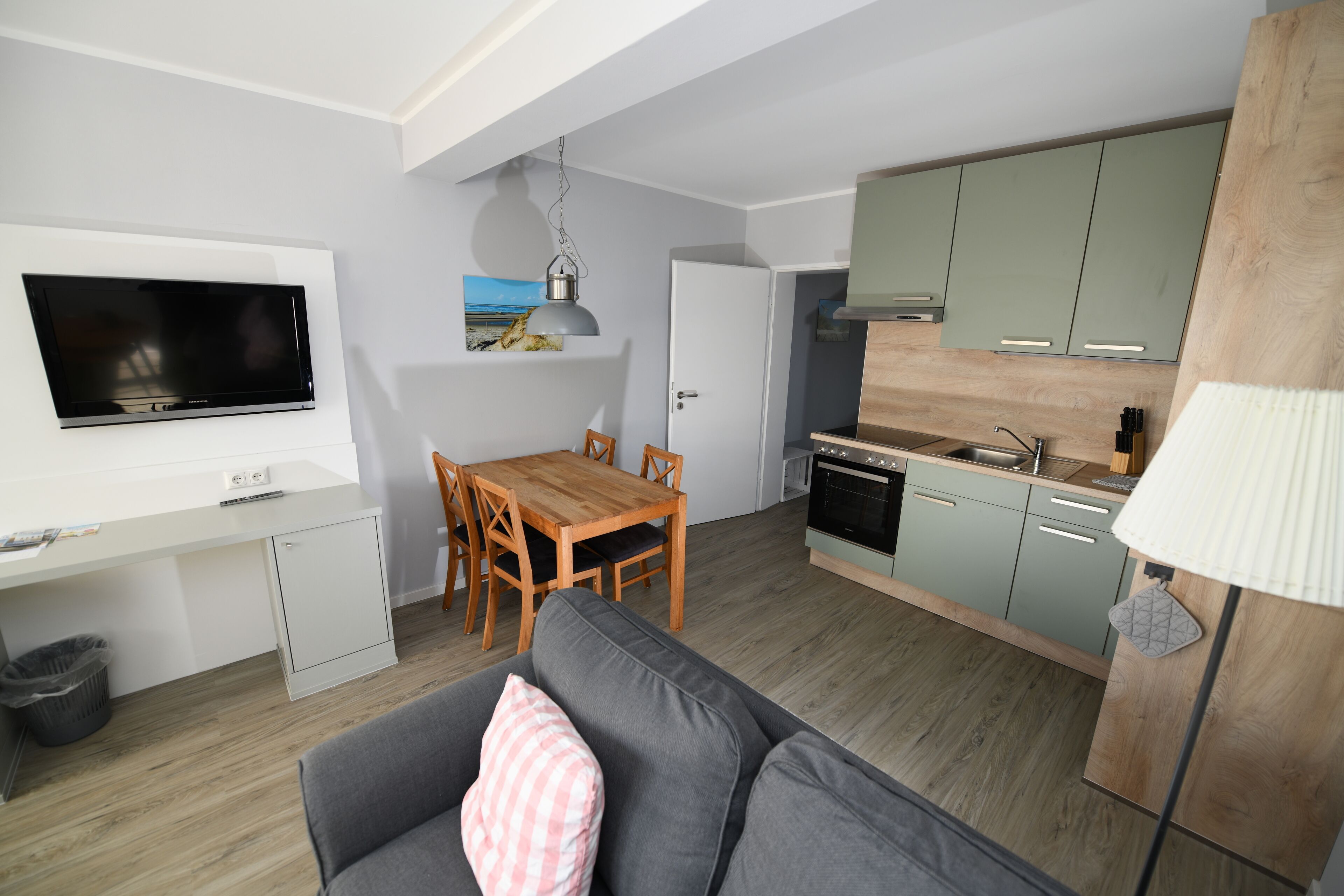 apartment | private kitchen | full-sized fridge, oven, stovetop, dishwasher