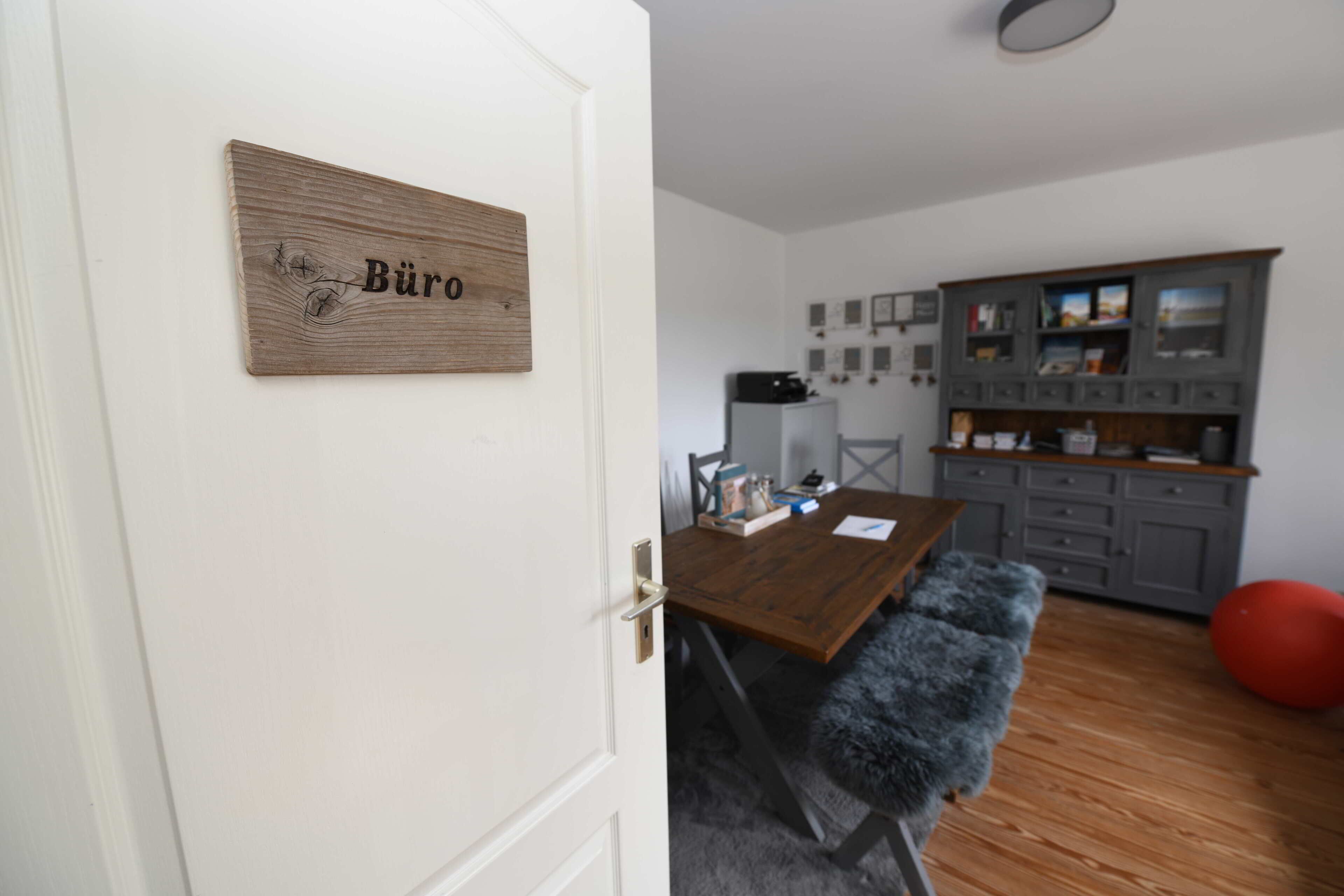 A room with a wooden door, a dining table with chairs, a grey cabinet, and a red exercise ball.