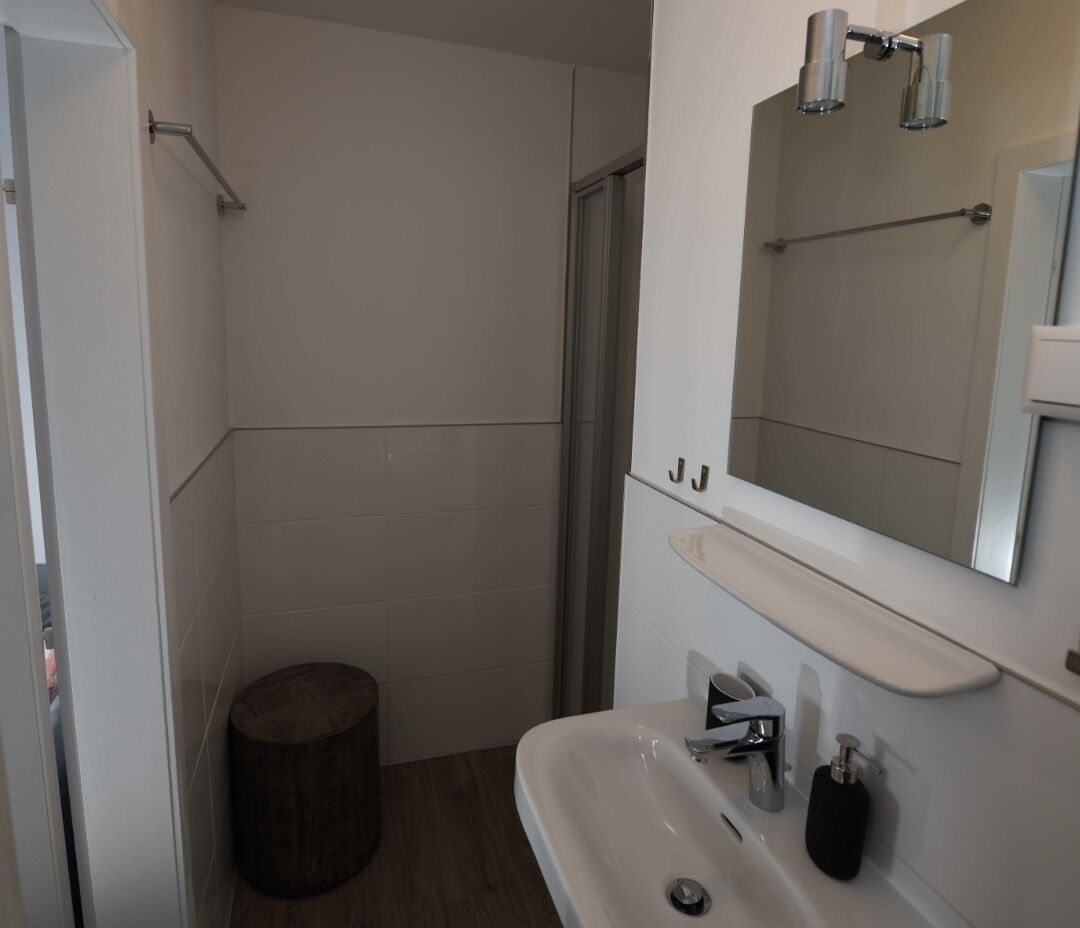 Une salle de bain équipée d’une douche, de toilettes, d’un lavabo et d’un miroir.