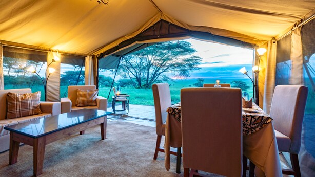 A tented dining area with a glass table, cushioned chairs, and a view of the savannah.